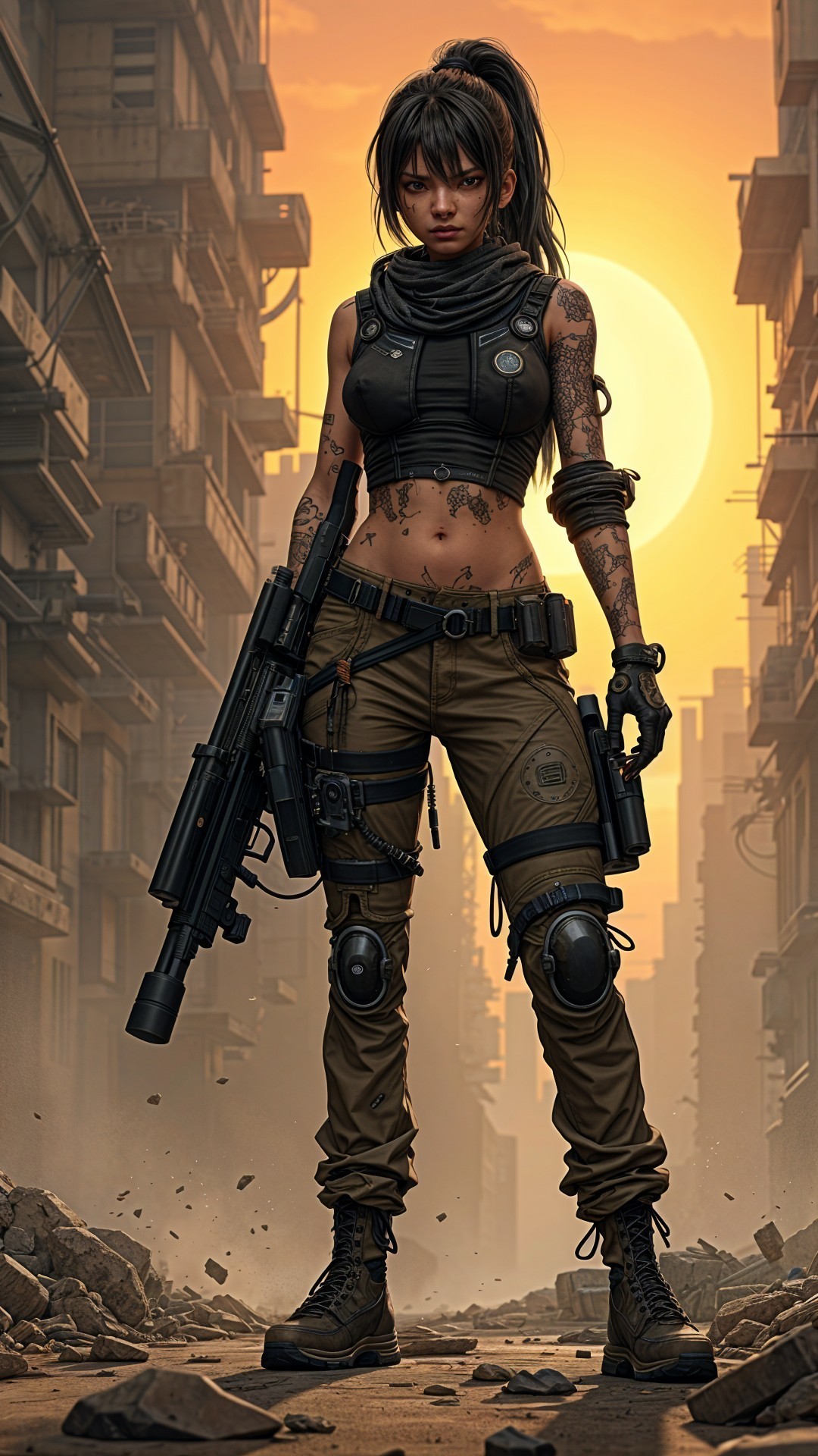 Fierce Female Warrior in Dystopian Urban Landscape