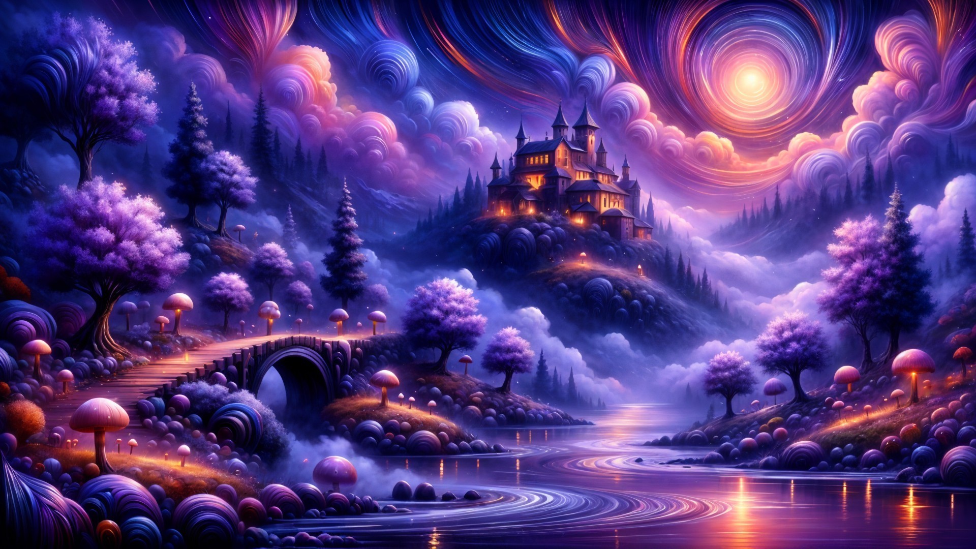 Whimsical Landscape with Mystical Castle and River