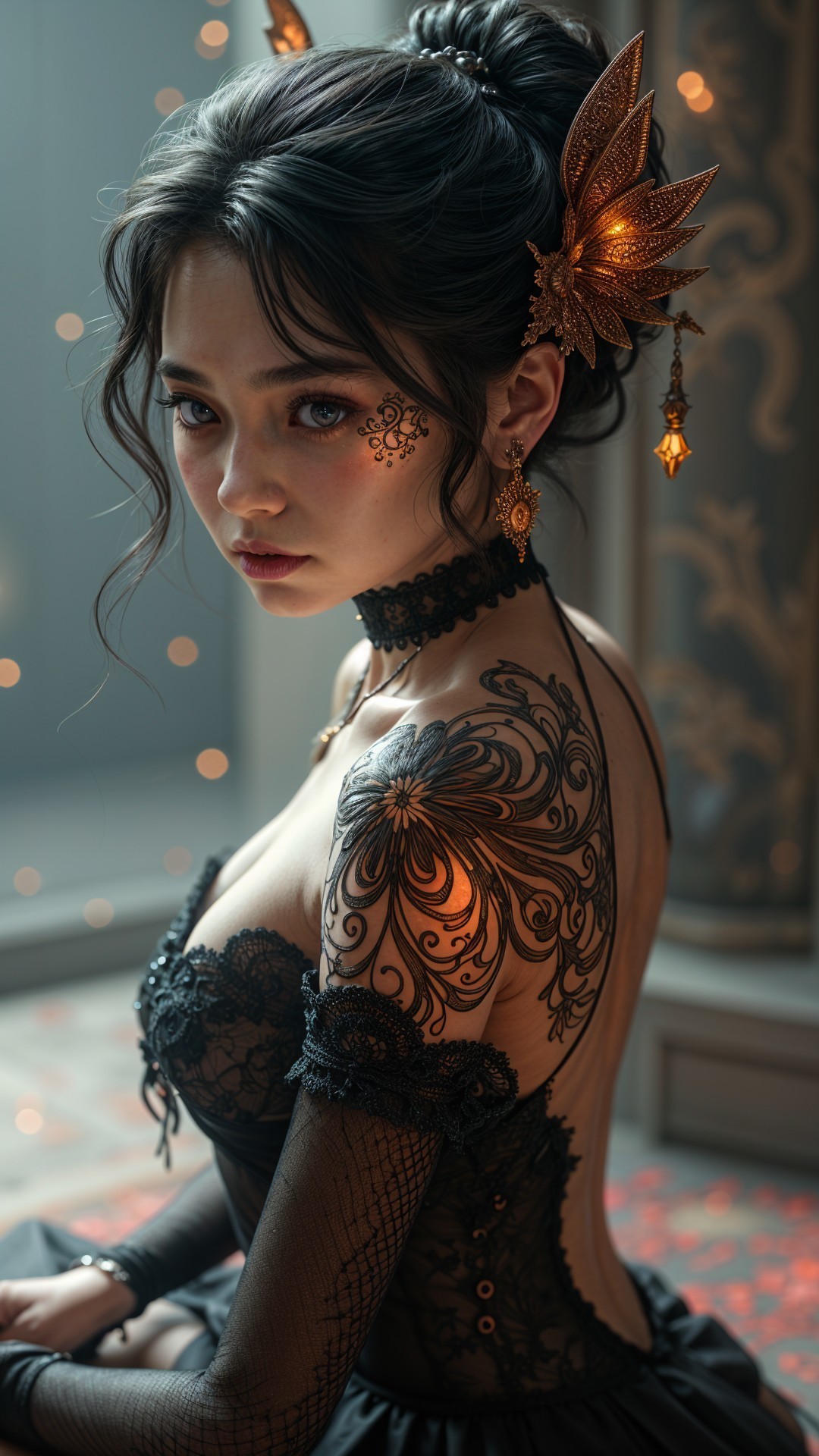Elegant Young Woman in Black Lace with Floral Tattoo