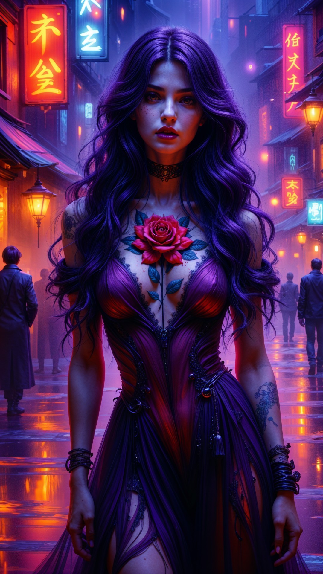 Neon-Lit Street Scene with Striking Woman in Dress