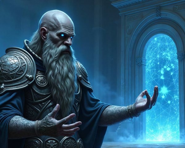 Bald Wizard in Medieval Armor Casting a Spell in Hall