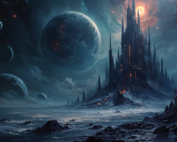 Cosmic Landscape with Dark Castle and Planets