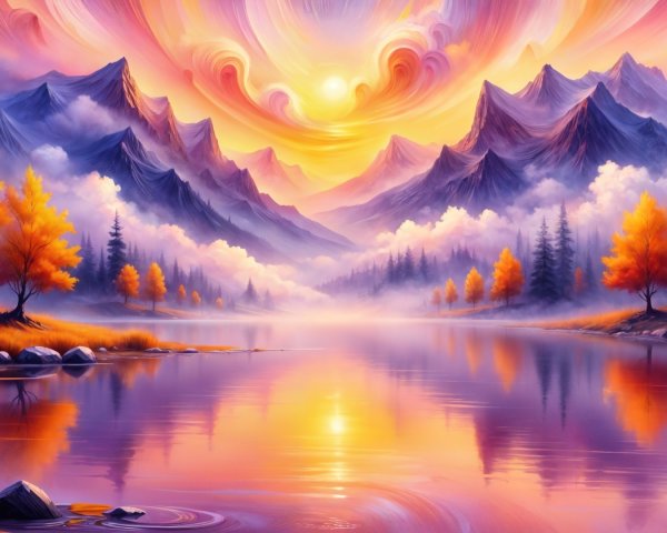 Majestic Mountains and Colorful Sunset Landscape Painting