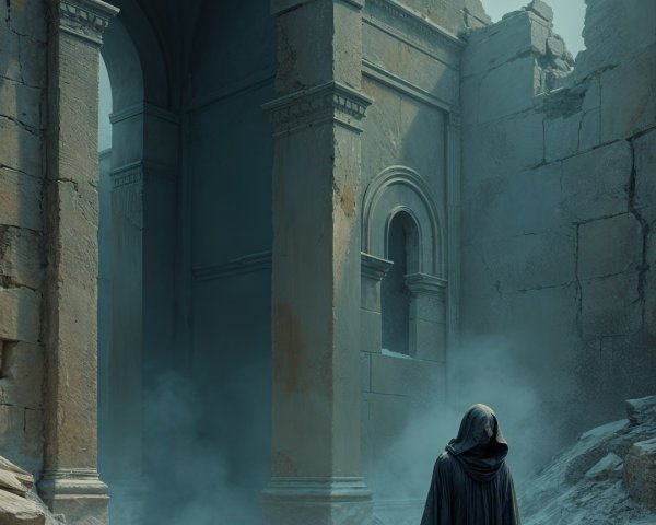 Cloaked Figure in Ruins of a Lost Civilization