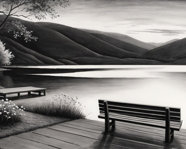 Tranquil Black and White Landscape with Lake and Benches