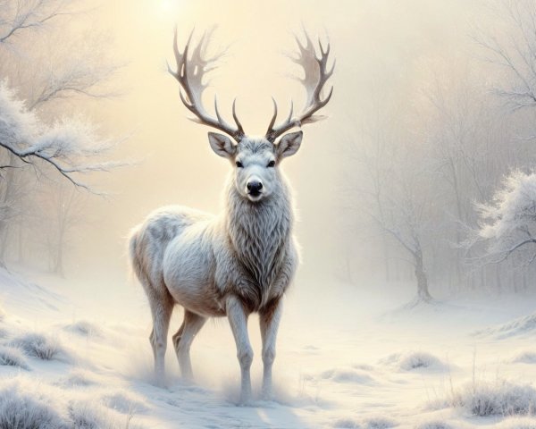 Majestic white deer in a serene winter landscape
