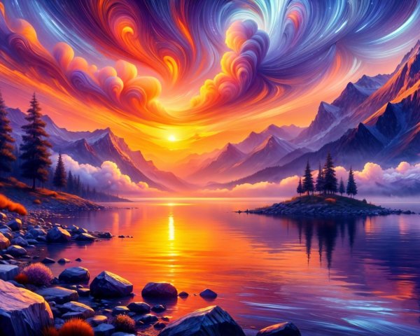 Stunning Sunset Over Tranquil Lake and Mountains