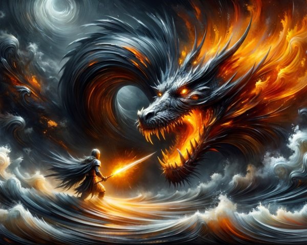 Mythical Dragon Confrontation with Warrior on Waves