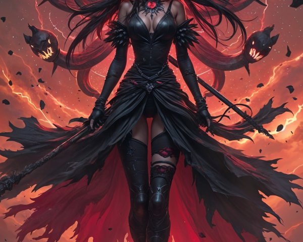 Powerful Female Figure in Dark Armor with Energies