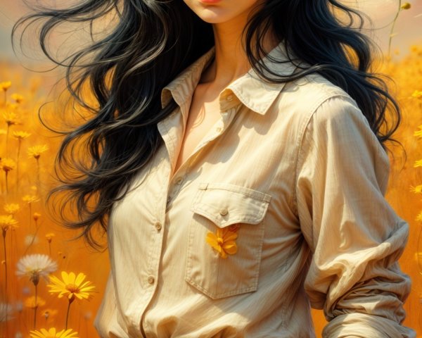 Young woman in yellow flowers with painted sky backdrop