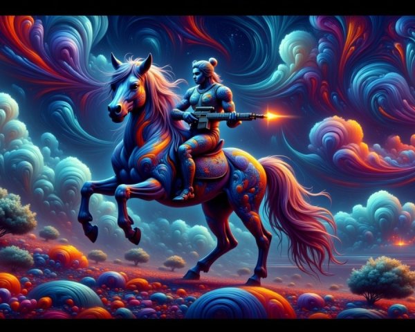 Muscular Man on Horse in Colorful Fantasy Landscape
