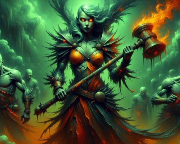 Fantasy Warrior with Green Skin and Fiery Hammer