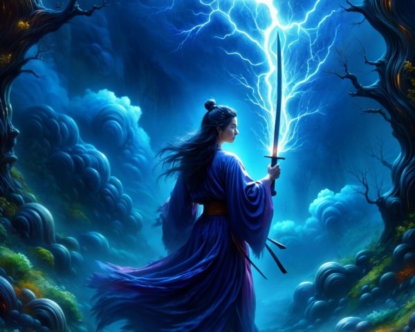 Mystical Landscape with Figure in Blue Robe and Sword