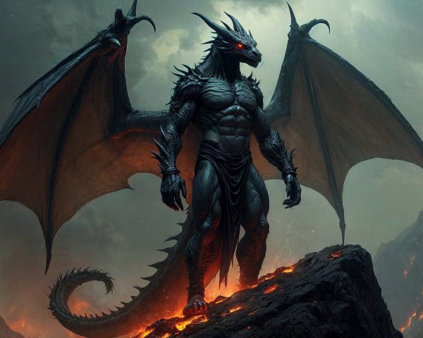 Dragon on Rocky Outcrop Surrounded by Flowing Lava