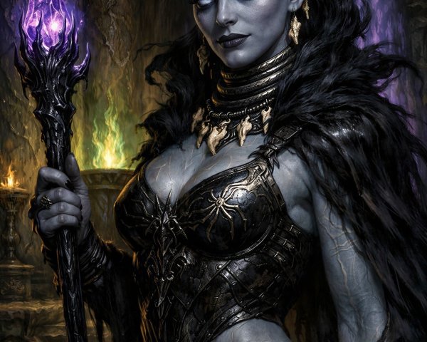 Drow Sorceress in Dark Cathedral with Glowing Staff