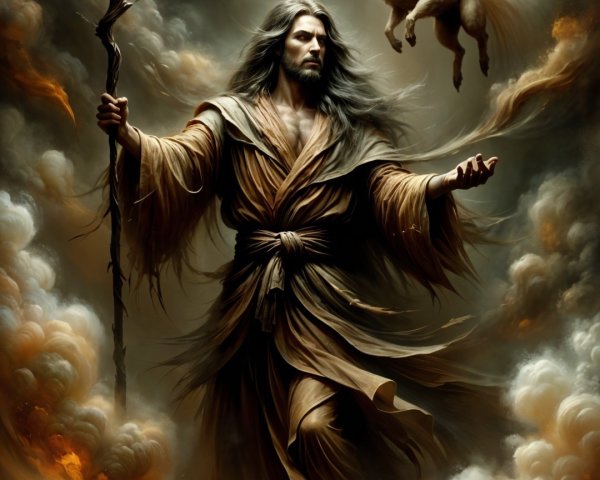 Mystical figure with glowing staff and winged creatures