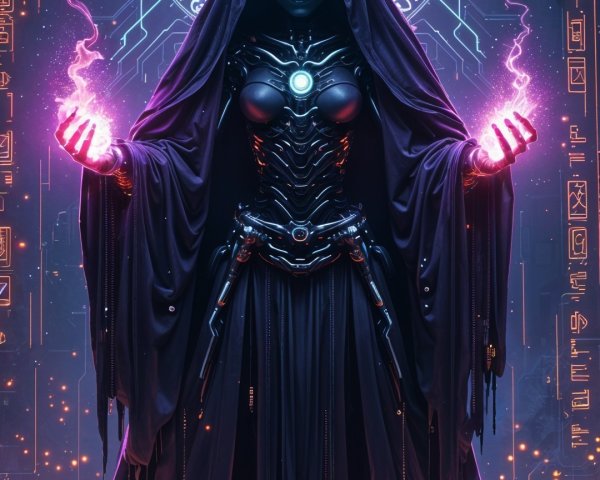 Mysterious Figure in Dark Robes with Energy Arcs