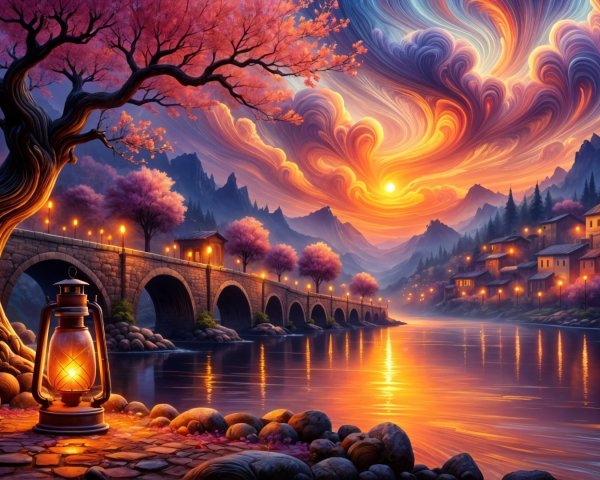 Serene Sunset Landscape with River and Stone Bridge