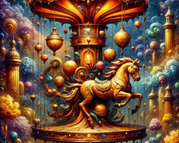 Ornate Carousel with Carved Horse in Dreamlike Setting