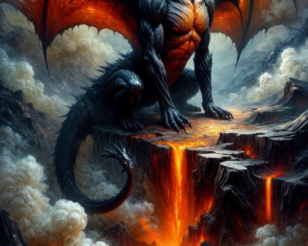 Majestic dragon on rocky outcrop with lava below