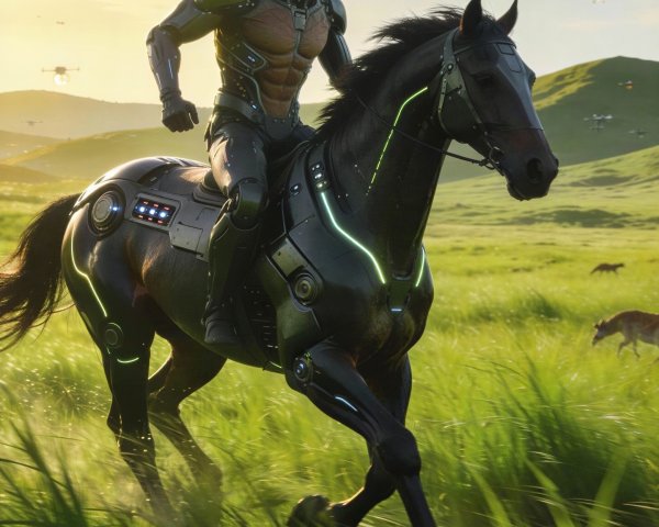 Futuristic Cybernetic Man on Cyborg Horse in Field