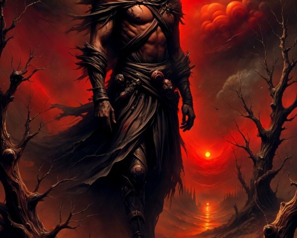 Mysterious Figure in Dark Robes in Fiery Landscape