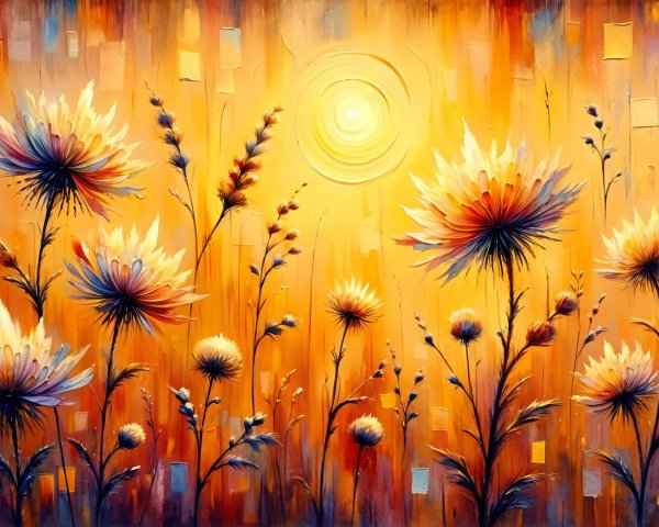Vibrant Sunset with Blooming Flowers in Warm Colors