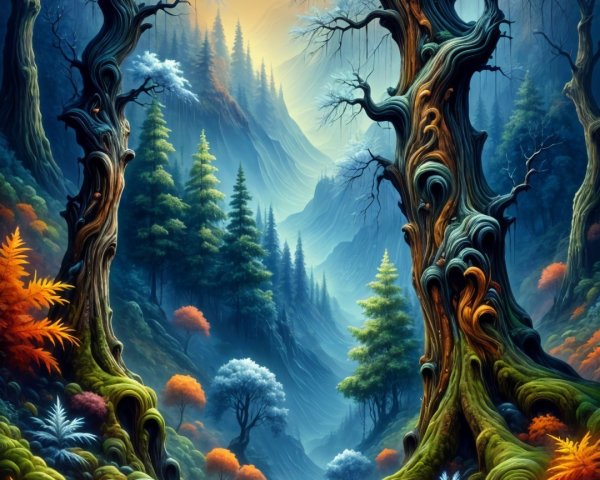 Whimsical Landscape with Twisted Trees and Sunset Stream