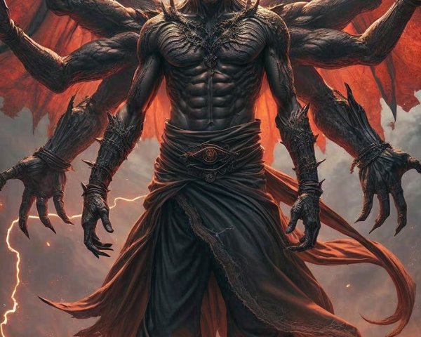 Mythical figure with dragon wings in fiery landscape