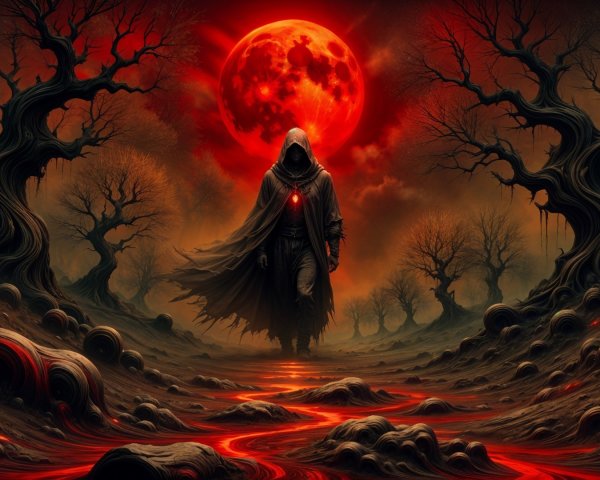 Hooded Figure in Dark Landscape Under Red Moon