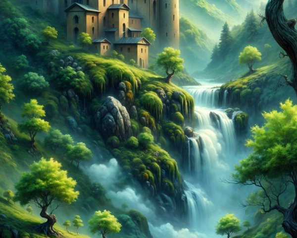 Majestic castle in serene landscape with waterfall