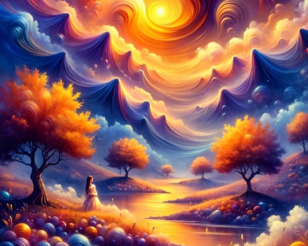 Surreal Landscape with Vibrant Clouds and River Reflection