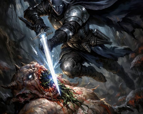 Drow Warrior Battles Monstrous Beast in Dark Forest