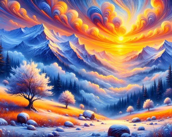 Majestic sunset landscape with colorful mountains and trees