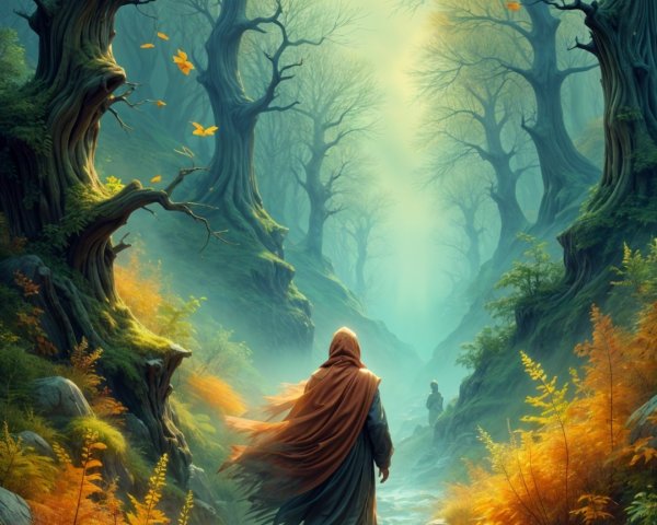 Solitary Figure Walking in a Mystical Autumn Forest