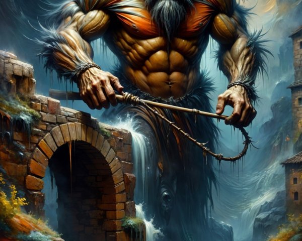 Mythical figure with antlers in a rugged landscape