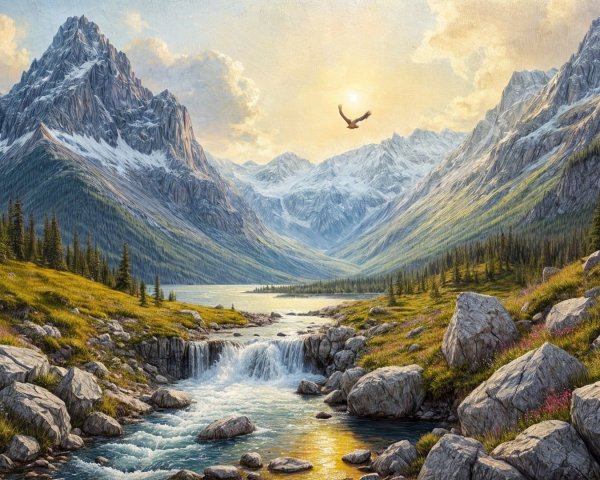 Majestic Snow-Capped Mountains and Serene River Landscape