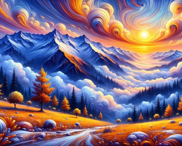 Vibrant Autumn Landscape with Swirling Sunset Clouds