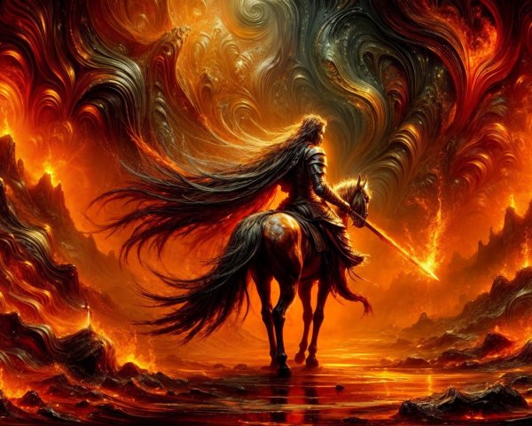 Fierce warrior on horse in fiery, chaotic landscape