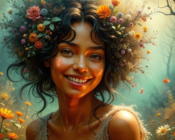 Woman with Floral Crown in Enchanted Forest Setting