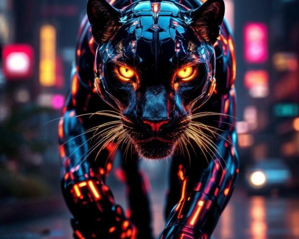 Futuristic Panther in Neon Cityscape with Glowing Patterns