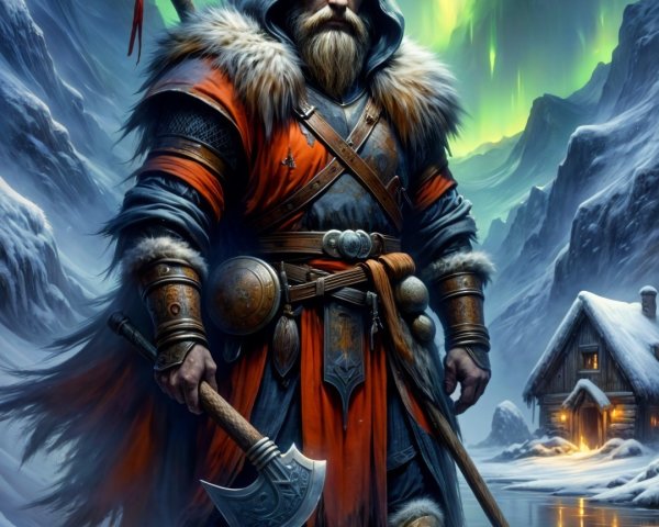 Warrior in Fur Cloak Amidst Snowy Landscape and Aurora