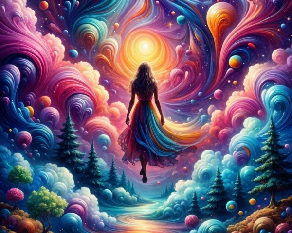 Vibrant Cosmic Scene with Woman Among Galaxies