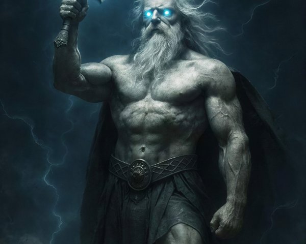 Old God in Storm with Glowing Blue Sword and Cape