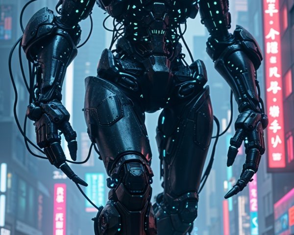 Humanoid Robot in Neon Urban Landscape with Mist