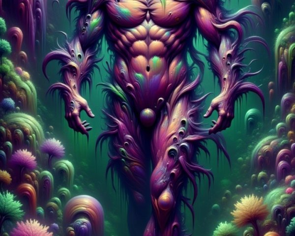 Cosmic horror creature in a magical forest setting