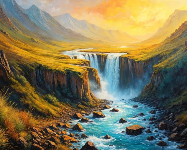 Cascading Waterfall Landscape with Majestic Mountains