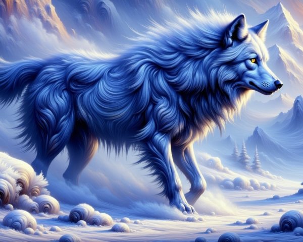 Majestic blue wolf in serene snowy landscape