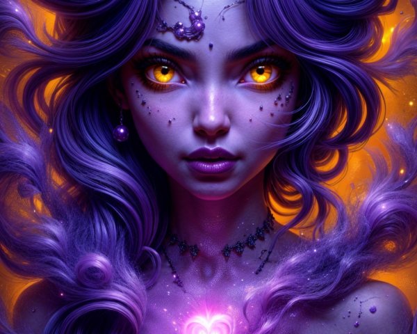 Mystical figure with purple hair and glowing eyes
