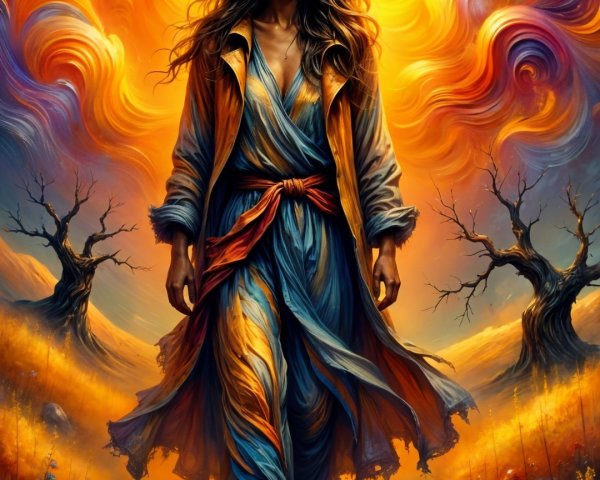 Mysterious Figure in Vibrant Clothing on Winding Path